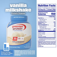 Thumbnail for Premier Protein Powder, Vanilla Milkshake, 30g Protein, 1g Sugar, Gluten Free, No Soy, 40.2 oz (29 Servings)