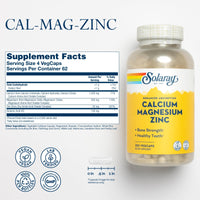 Thumbnail for SOLARAY Calcium Magnesium Zinc Supplement - with Calcium 1000mg, Magnesium 500mg - Bone Health, Muscle Function, Heart Health and Immune Support - Vegan, 60 Day Guarantee, 62 Servings, 250 VegCaps