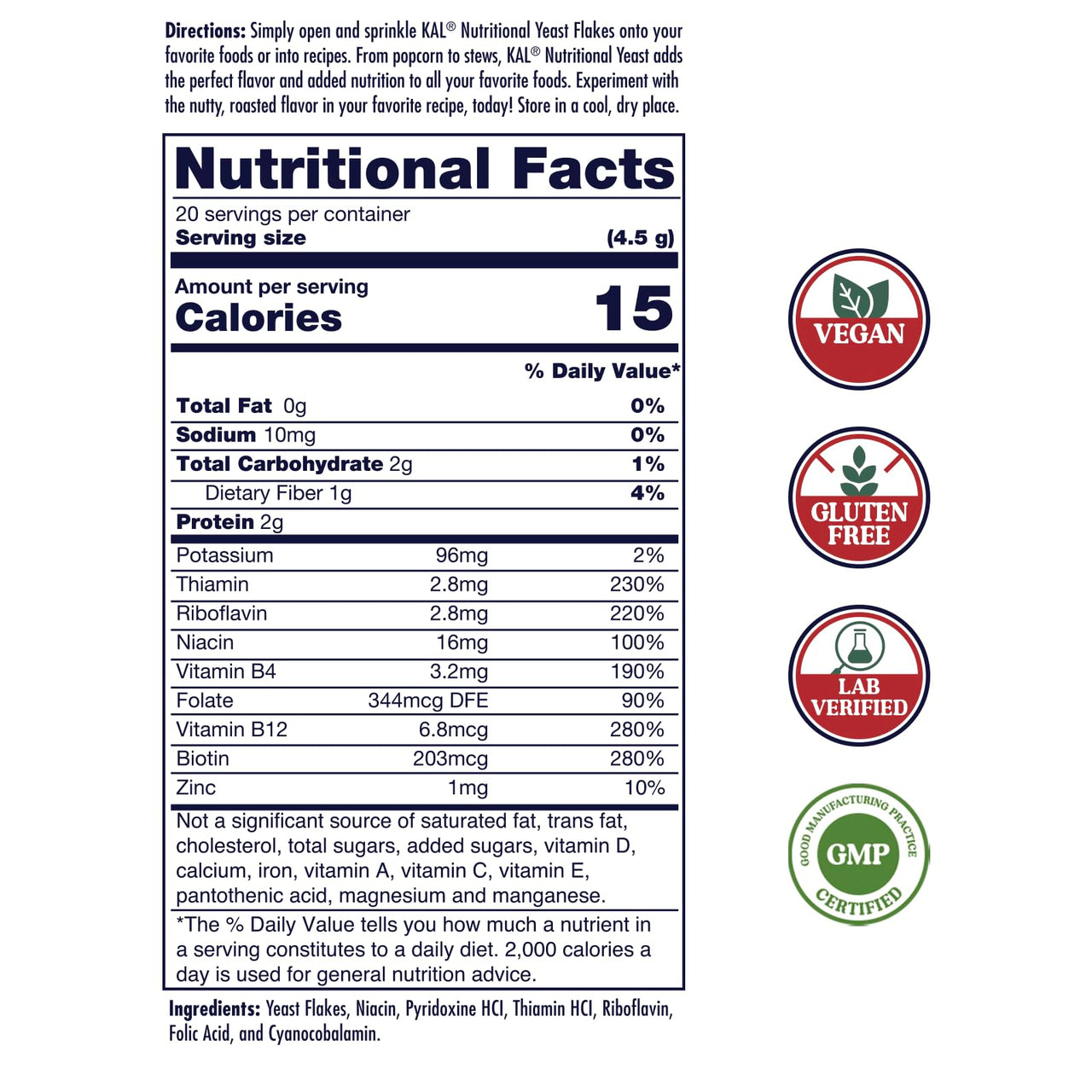 KAL Nutritional Yeast Flakes, Fortified with B12, Folic Acid & Other B Vitamins, Unsweetened, Great Nutty Flavor, Vegan & Gluten Free, 60-Day Money Back Guarantee, Made in The USA, 20 Servings, 3.1oz