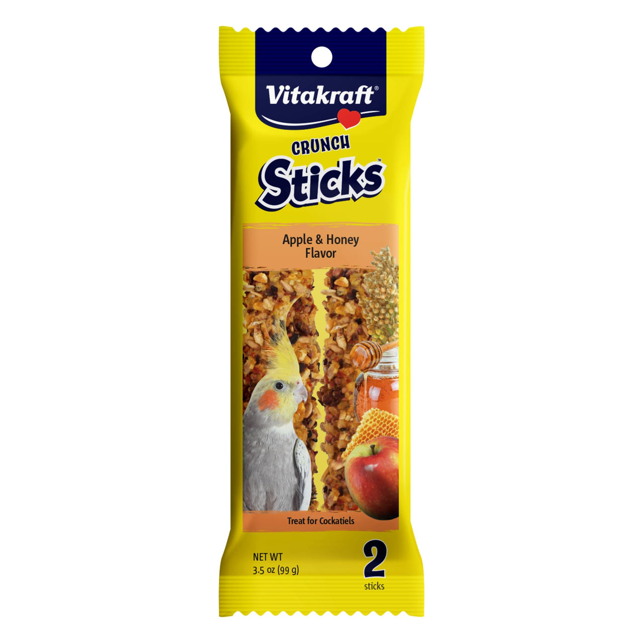 Vitakraft Crunch Sticks Cockatiel Treat Apple And Honey Flavor – 2 Sticks - Triple Baked For Extra Crunch – Natural Wood Chew Center With Cage Clip – Fortified With Vitamins And Minerals