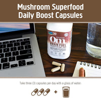 Thumbnail for OM MUSHROOM SUPERFOOD Brain Fuel Mushroom Powder Capsules Superfood Supplement, 90 Count, 30 Days, Lion's Mane, Reishi Blend Plus Folate, Mental Clarity, Mushroom Supplement