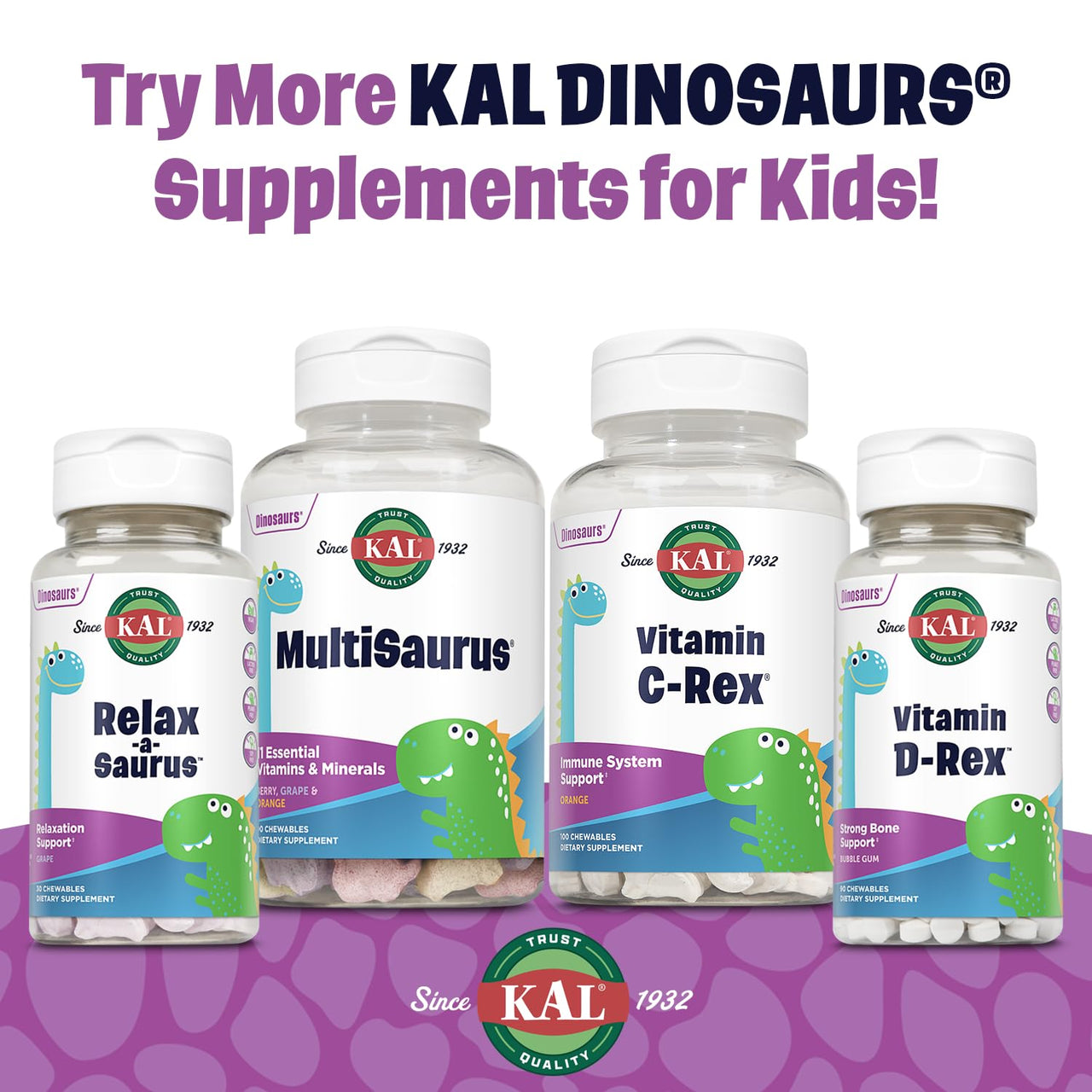 KAL Relax-a-Saurus, Stress Support Supplement for Kids, L-Theanine for Children with Herbal Stress Relief & Relaxation & Blend, Delicious Natural Grape Flavor, 60-Day Guarantee, 30 Chewables