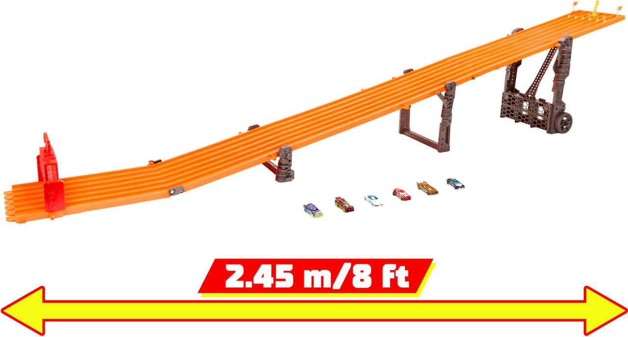 Hot Wheels Toy Car Playset with Lights, Sounds & 6 1:64 Scale Vehicles, Super 6-Lane Raceway, 8-foot Track that Rolls Up for Storage (Amazon Exclusive)