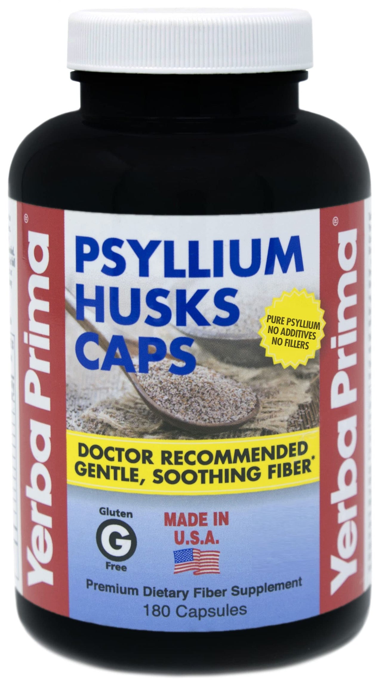 Yerba Prima Psyllium Husks Caps Dietary Fiber 625 mg, 180 Capsules - Colon Cleansing Supplement - Gut Health - Non-GMO Gluten Free