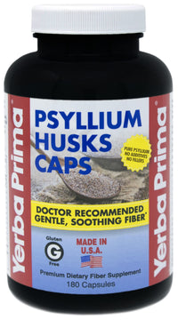Thumbnail for Yerba Prima Psyllium Husks Caps Dietary Fiber 625 mg, 180 Capsules - Colon Cleansing Supplement - Gut Health - Non-GMO Gluten Free