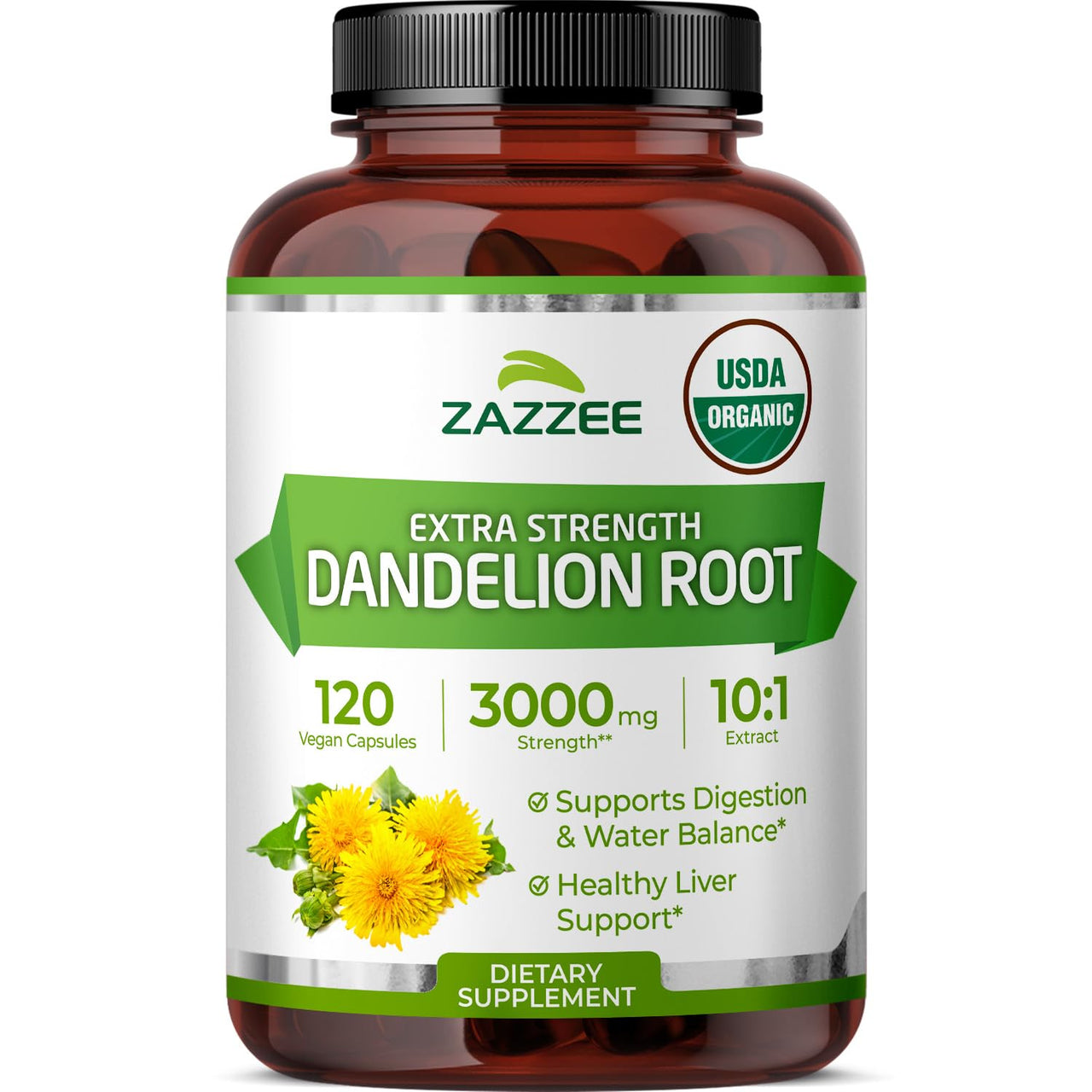 Zazzee USDA Organic Dandelion Root 10:1 Extract, 3000 mg Strength, 120 Capsules, 4 Month Supply, Standardized and Concentrated 10X Extract, 100% Vegetarian, All-Natural and Non-GMO