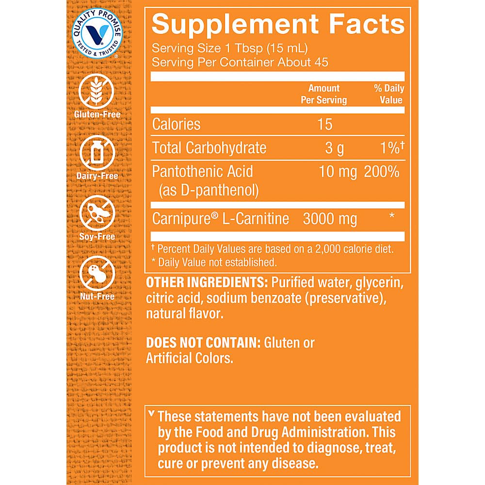 The Vitamin Shoppe L-Carnitine Liquid 3000mg - Cardio Performance & Fat Burner | Free-Form Amino Acid | 24 oz Raspberry | Vegan