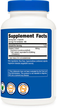 Thumbnail for Nutricost Blueberry Extract 8,000mg Equivalent from 160mg of 50:1 Extract Per Serving, 180 Capsules for 180 Servings Per Bottle - Vegetarian, Gluten Free and GMO Free