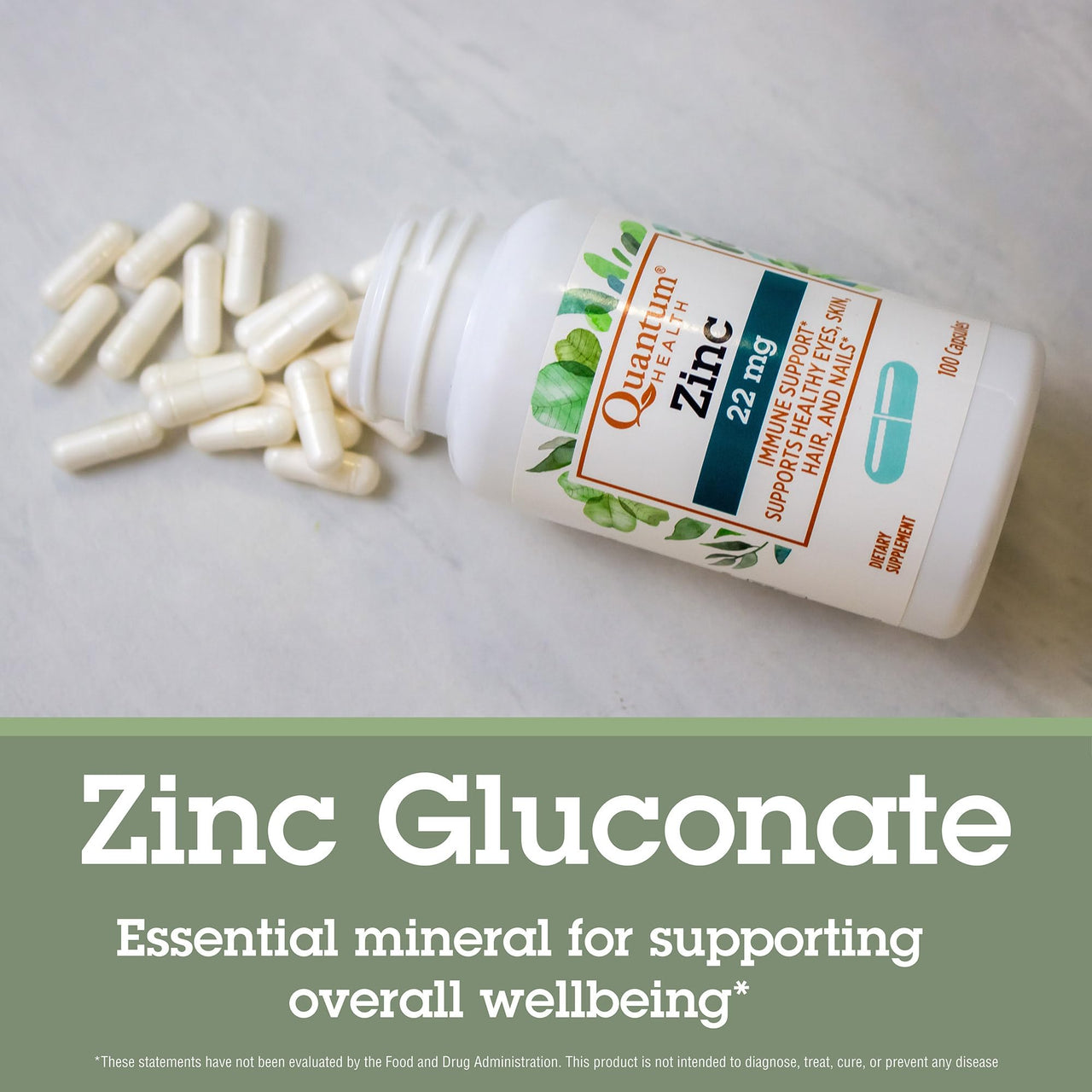 Quantum Health Zinc Gluconate 22mg Daily Immunity Boost Supplement Supports Energy, Healthy Eyes, Hair Skin & Nails - Essential Mineral Immune Support for Women & Men - 100 Capsules