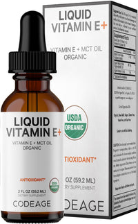 Thumbnail for Codeage Liquid Vitamin E+ - USDA-Certified Organic Vitamin E - 2-Month Supply - D-Alpha Tocopherol Acetate, Organic MCT Oil, Orange Fruit Oil, Unflavored, Non-GMO, Vegan, Gluten-Free, 2 fl oz