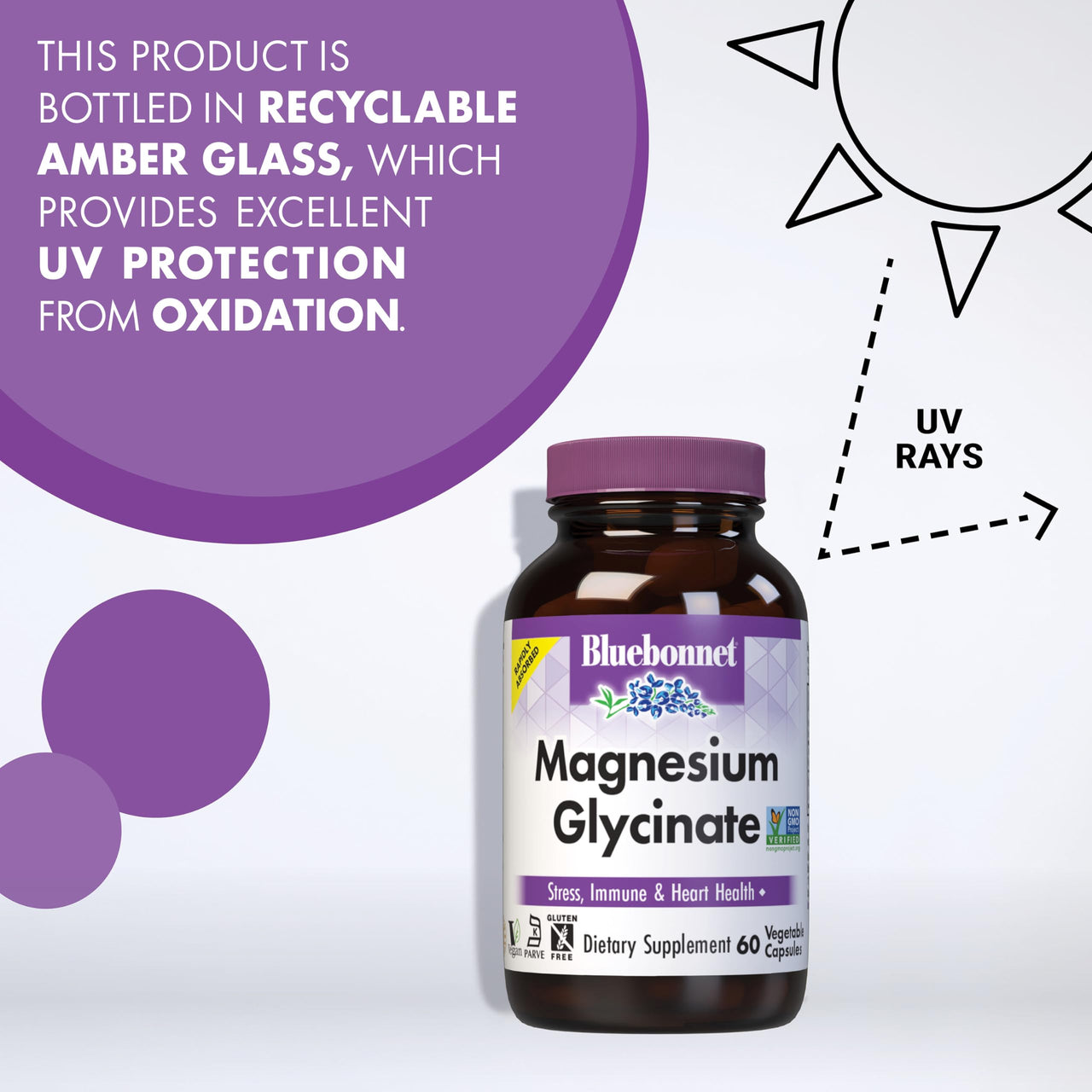 Bluebonnet Magnesium Glycinate, Energy Production*, Enzyme Function*, Non-GMO Certified by NSF, Vegan, Kosher Certified, Gluten-Free, Soy-Free, Dairy-Free, 60 Vegetable Capsules, 15 Servings