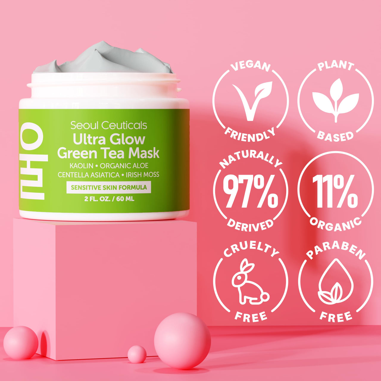 SeoulCeuticals Korean Skin Care Face Mask for Sensitive Skin - Korean Skincare Green Tea Wash Off Masks - K Beauty Face Masks - Aloe Vera Mask + Centella Asiatica Hydrating Facial Spa Mask 2oz