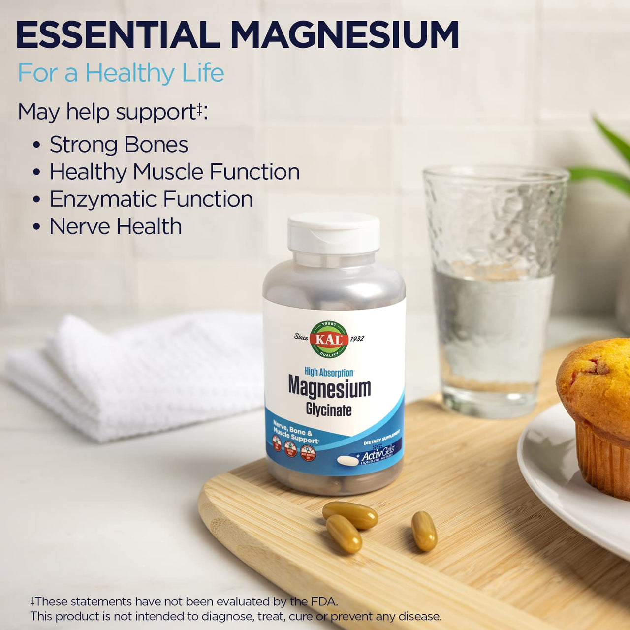 KAL Magnesium Glycinate ActivGels 315mg, Fully Chelated, High Absorption Magnesium Supplement for Relaxation, Muscle & Bone Support, Non-GMO, Gluten Free, 60 Servings, 180 Softgels