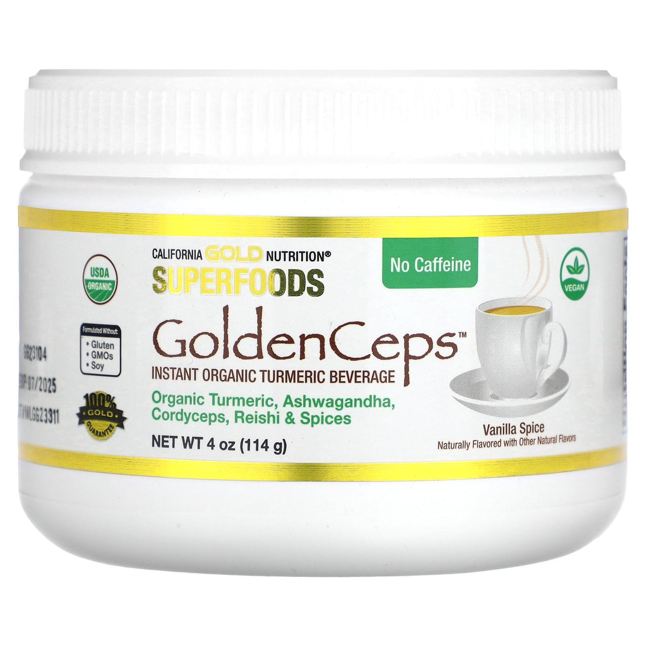 California Gold Nutrition Superfoods, GoldenCeps, Organic Turmeric with Ashwagandha, Cordyceps, and Reishi, 4 oz (114 g)