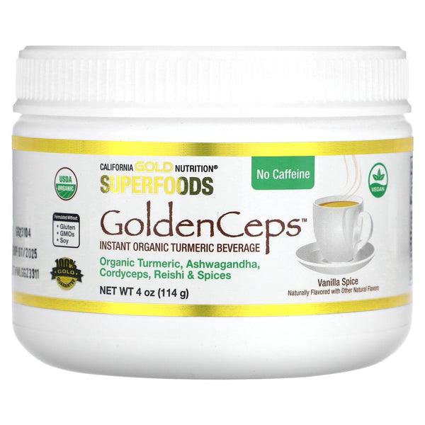 California Gold Nutrition Superfoods, GoldenCeps, Organic Turmeric with Ashwagandha, Cordyceps, and Reishi, 4 oz (114 g)