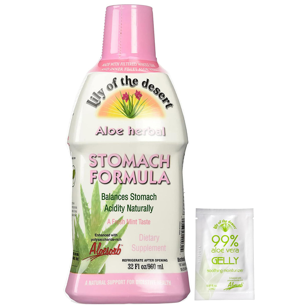 Lily of The Desert Stomach Formula, Organic Aloe Vera Juice with Slippery Elm, Chamomile, Peppermint, and Ginger for Gut Health, Acid Reflux, Heartburn Relief, 32 Oz, Gelly Sachet Included,1
