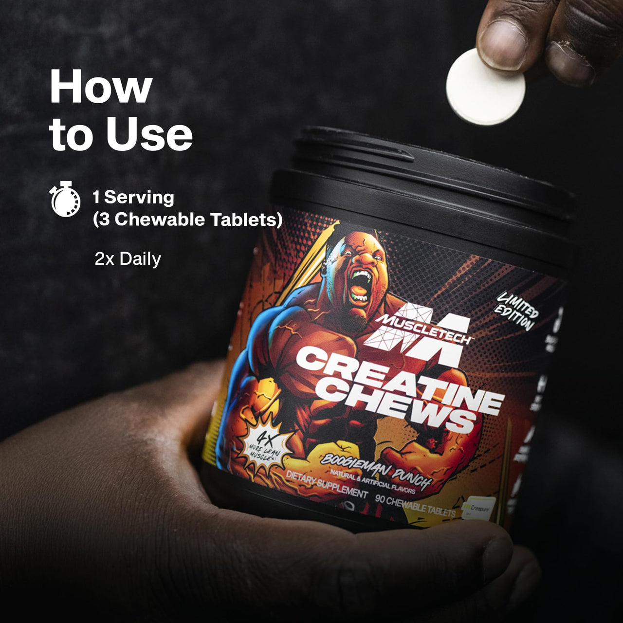 MuscleTech Creatine Chews - Creapure Monohydrate Supplement for Muscle Recovery, Muscle Builder & Energy Boost - Pre Workout Supplement for Men & Women - 90 Chewable Candies, Boogieman Punch