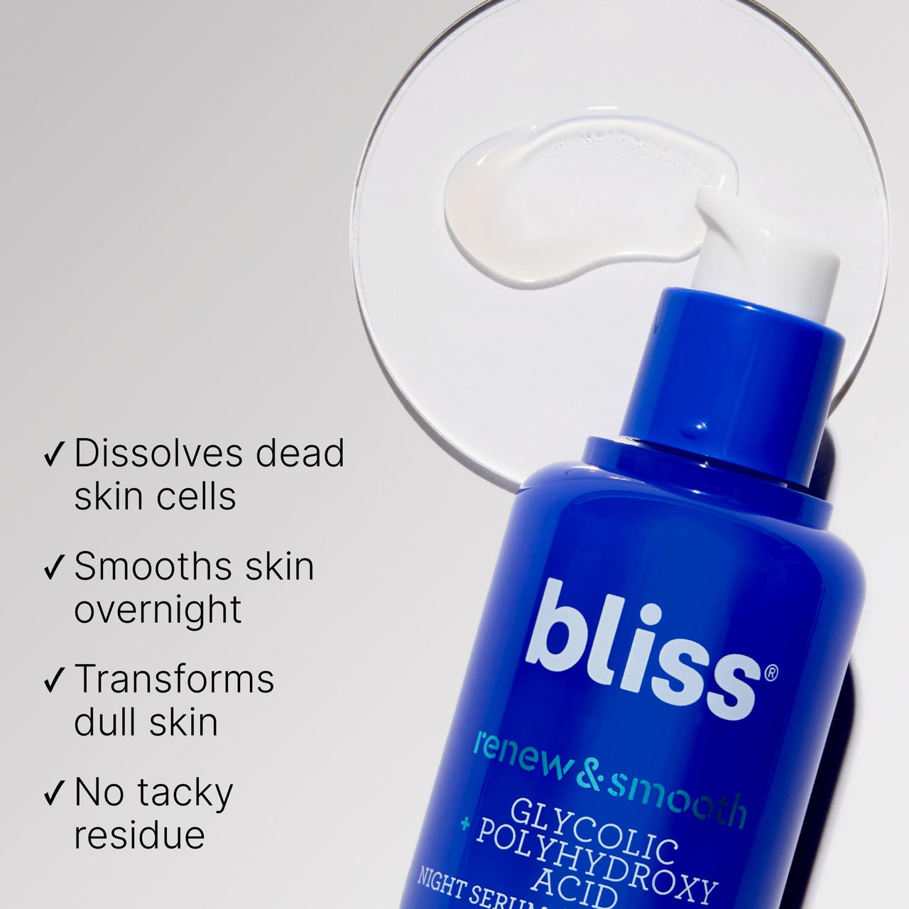Bliss Renew & Smooth Night Serum – Glycolic Acid + Polyhydroxy Acid Exfoliating Serum – Resurfaces Skin, Smooths Texture & Brightens Tone Overnight – 1 Fl Oz