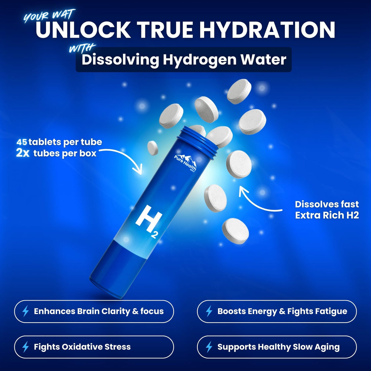 PHM Hydrogen Water Tubes, Tablets for Drinking Water - H2 Molecular Tabs | Magnesium Pills, Electrolytes Hydration Supplement to Support Healthy Aging & Energy Boost | 90 Tablets, 3 Months Supply