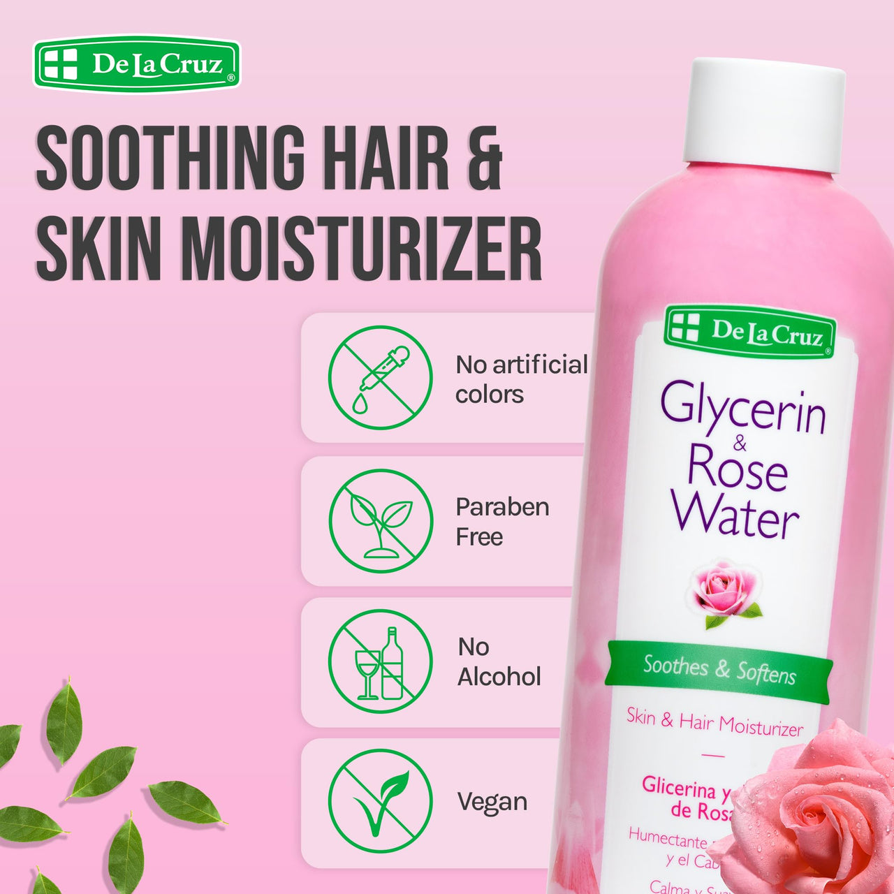 De La Cruz Rose Water and Glycerin for Face - Rosewater Facial Toner and Moisturizer for Skin and Hair 8 fl oz. (236 mL) - 1 Bottle