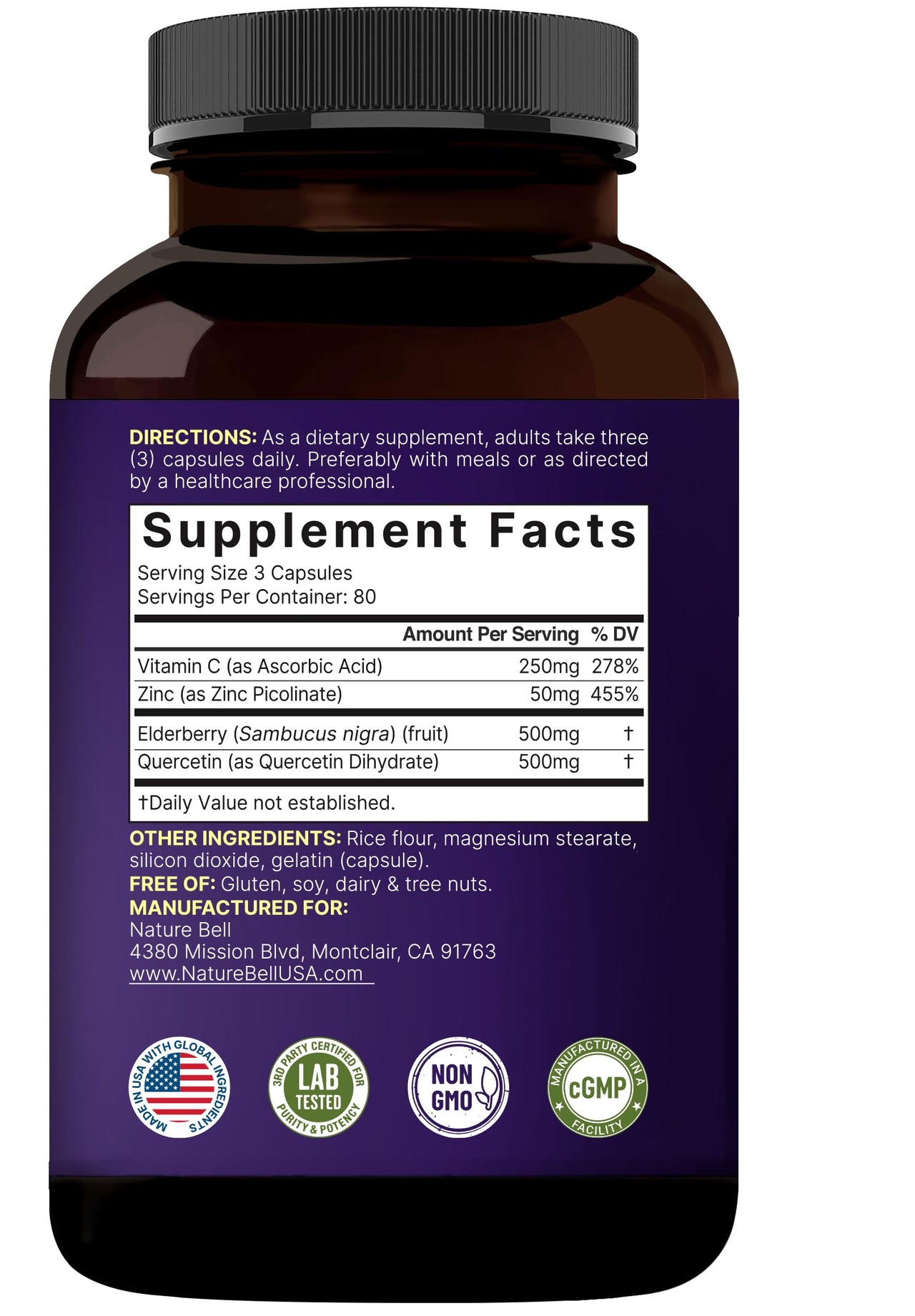 NatureBell Elderberry Quercetin 4-in-1 with Vitamin C & Zinc, 240 Capsules | Traditional Herbal Supplement | 500mg Sambucus Nigra, 500mg Quercetin, 250mg Vitamin C, 50mg Zinc Picolinate per Serving
