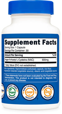 Thumbnail for Nutricost N-Acetyl L-Cysteine (NAC) 600mg, 30 Vegan Capsules - GMO Free, Gluten Free, Vegetarian Caps