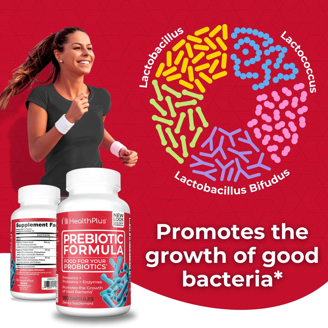 Health Plus Prebiotic Formula - Probiotics + Prebiotics + Digestive Enzymes - Gluten Free, Dairy Free, Natural Herbal Ingredients (180 Capsules, 60 Servings)