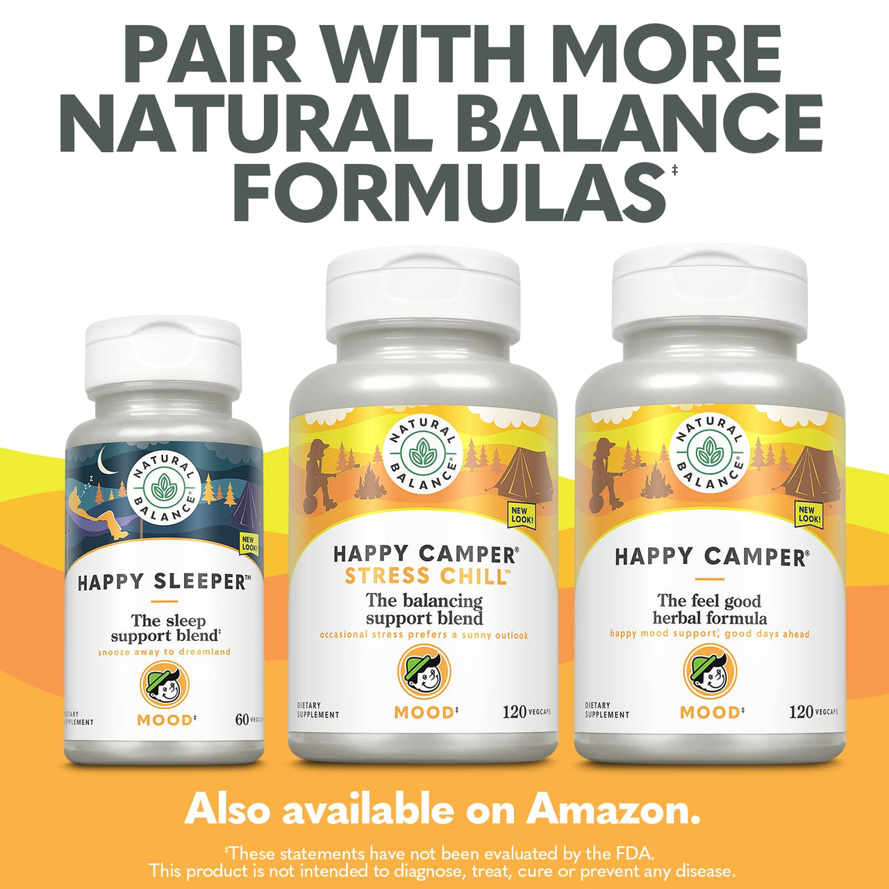 Natural Balance Happy Camper - Feel-Good Mood Support Supplement - Gotu Kola, Passion Flower, and Kava Kava Capsules - 60-Day Guarantee - 120 VegCaps, 60 Servings