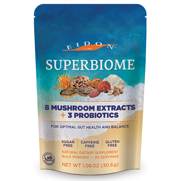 Eidon SuperBiome, Mushroom Probiotics Powder Blend, Gut Balance, Microbiome Health Supplement with Organic Reishi, Chaga, Lion's Mane, Cordyceps, Turkey Tail, Shitake, Maitake, Phelinus, 30 Servings
