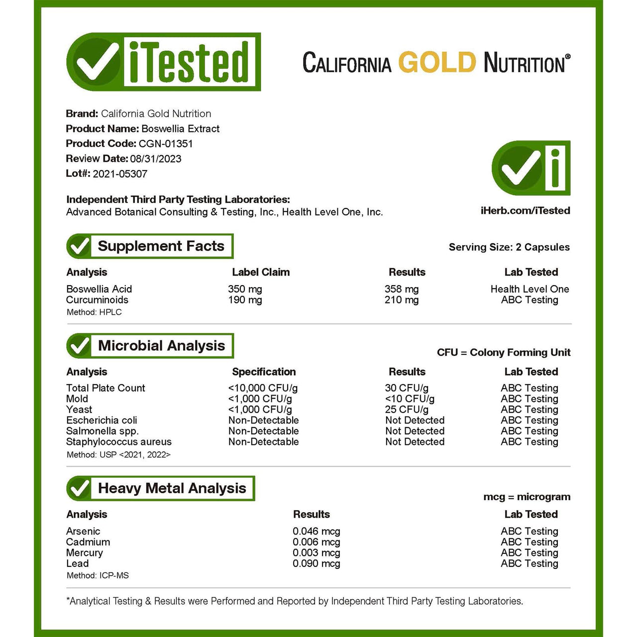 California Gold Nutrition Boswellia Extract, Plus Turmeric Extract, 250 mg, 120 Veggie Capsules