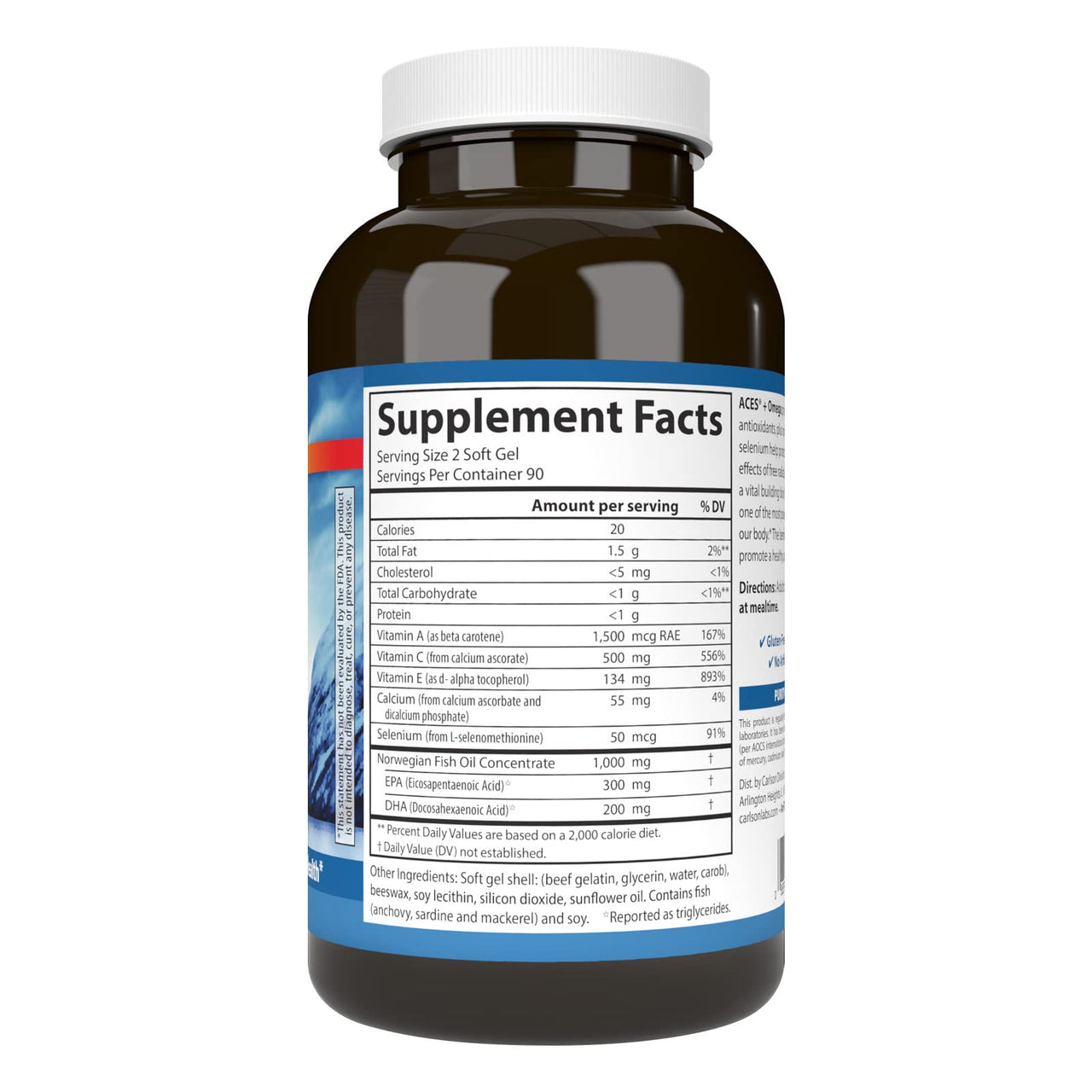 Carlson - ACES + Omega, Vitamins A, C, E & Selenium + Omega-3s EPA and DHA, Health Support, 180 Softgels