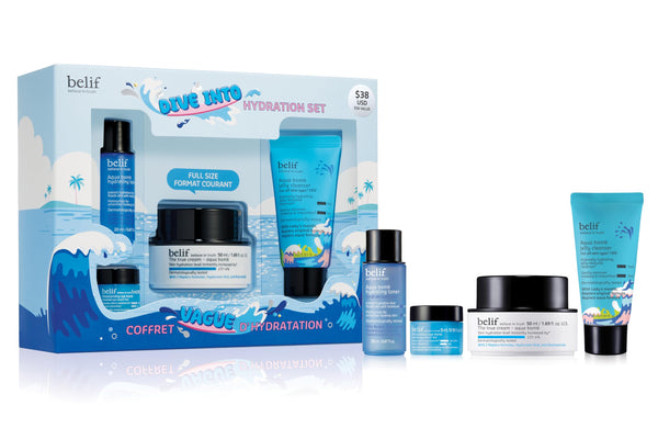 belif Aqua Bomb Dive Into Hydration Set | Korean Skin Care | Travel Essentials | Stocking Stuffer | Value Set | Gift Set for Mom | Gift for Her | Aqua Bomb, Cleansing Gel, Hydrating Toner,Eye Bomb