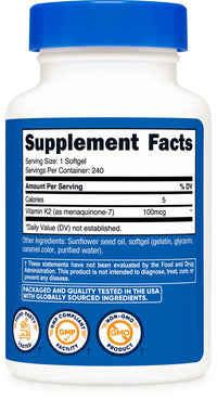 Thumbnail for Nutricost Vitamin K2 MK-7 100 mcg, 240 Softgels - Gluten Free and Non-GMO MK7