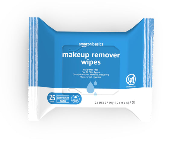 Amazon Basics Makeup Remover Wipes, Gentle Cleansing, Dermatologist Tested, Fragrance-Free, Plant Based, Alcohol-Free, Removes Waterproof Mascara, 25 Count Per Pack, Pack of 1