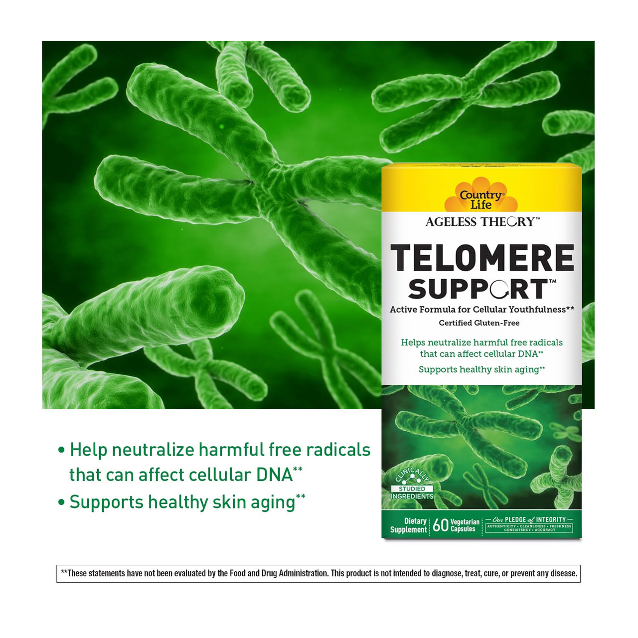 Country Life Ageless Theory Telomere Support- Certified Vegan and Gluten Free - Anti Aging Supplement - 60 Capsules - Resvinol Grape Extract - Immune & Cardiovascular Support