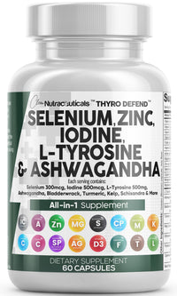 Thumbnail for Clean Nutra Selenium 300mcg Iodine 500mcg Thyroid Support for Women & Men | L Tyrosine 500mg Ashwagandha Supplement Bladderwrack, Turmeric, Kelp, Schisandra Zinc Pills Capsule Supplements