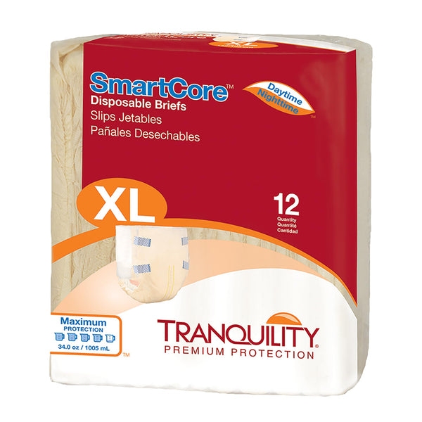 Tranquility SmartCore Adult Disposable Briefs, Incontinence Control with Breathable Kufguard Technology, Fastening Tabs & Wetness Indicator, Latex-Free, Adult X-Large, 34oz Capacity, 12ct Bag