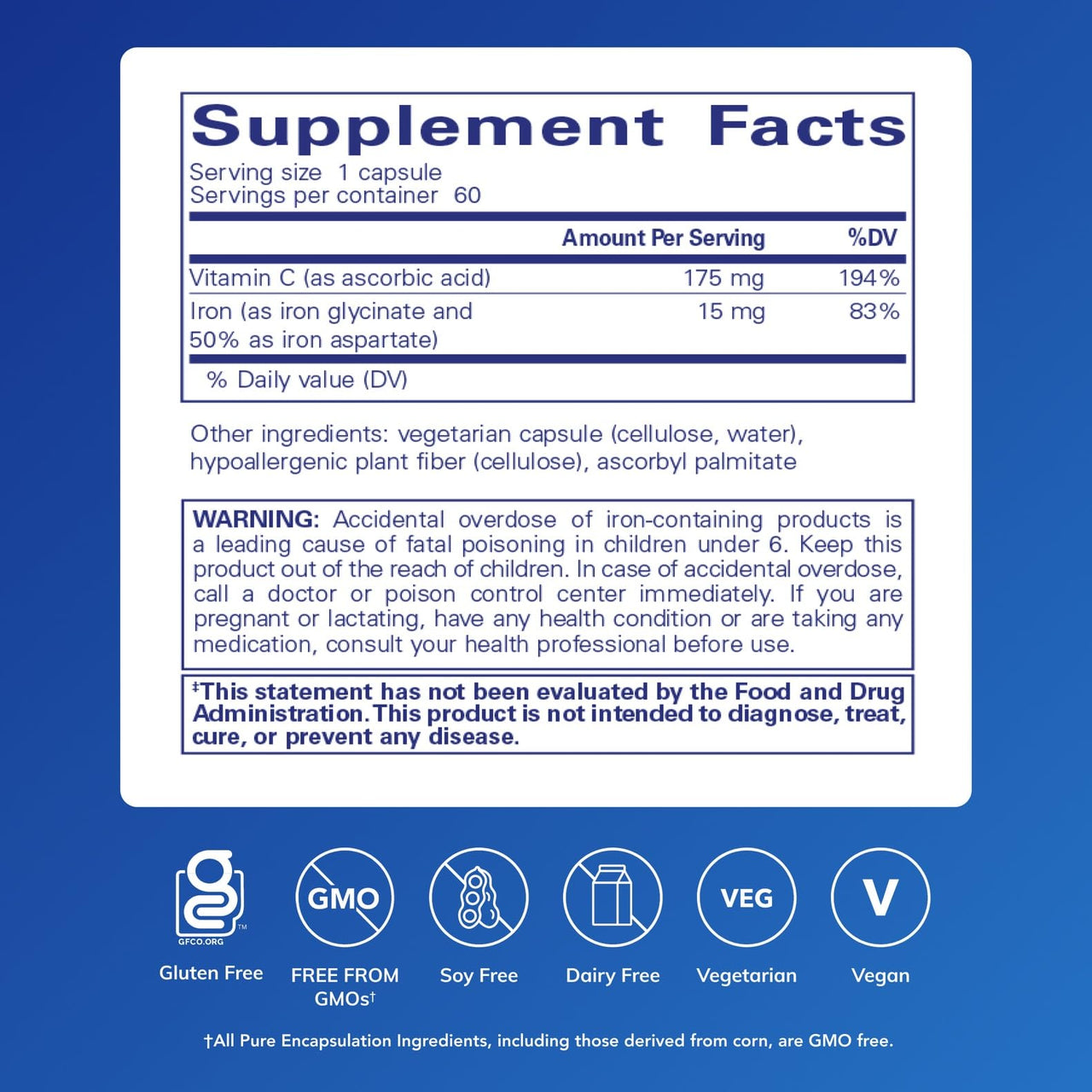 Pure Encapsulations Iron-C - 15 mg - 175 mg Vitamin C - Red Blood Cell Support* - Energy Production - Highly Bioavailable Iron Pill - for Women & Men - Gluten Free & Vegan - 60 Capsules