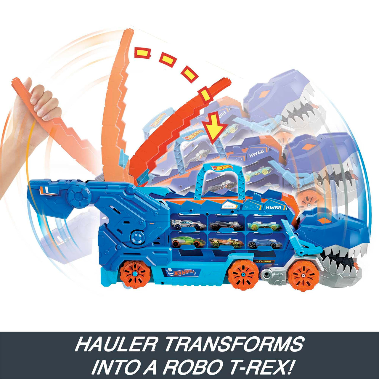 Hot Wheels City Toy Car Track Set, Ultimate T-Rex Transporter, Hauler Transforms into Stomping Dino with Race Track, from Netflix Series “Let’s Race”
