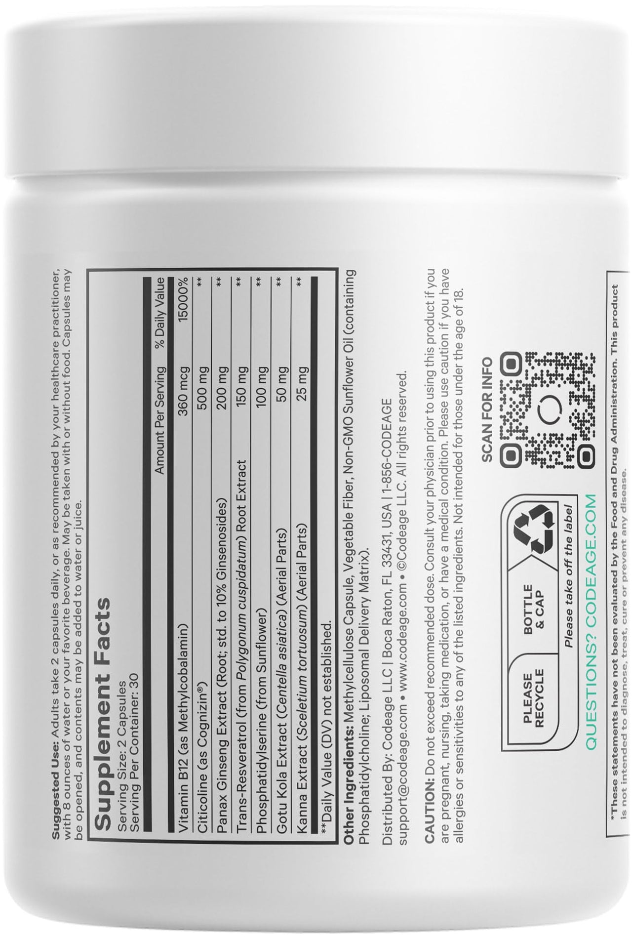 Codeage Brain Focus Vitamins+ Nootropic Supplement with Citicoline as Cognizin, Panax Ginseng, Resveratrol, Gotu Kola, Vitamin B12 Methylcobalamin - Liposomal Delivery - Non-GMO - 60 Capsules