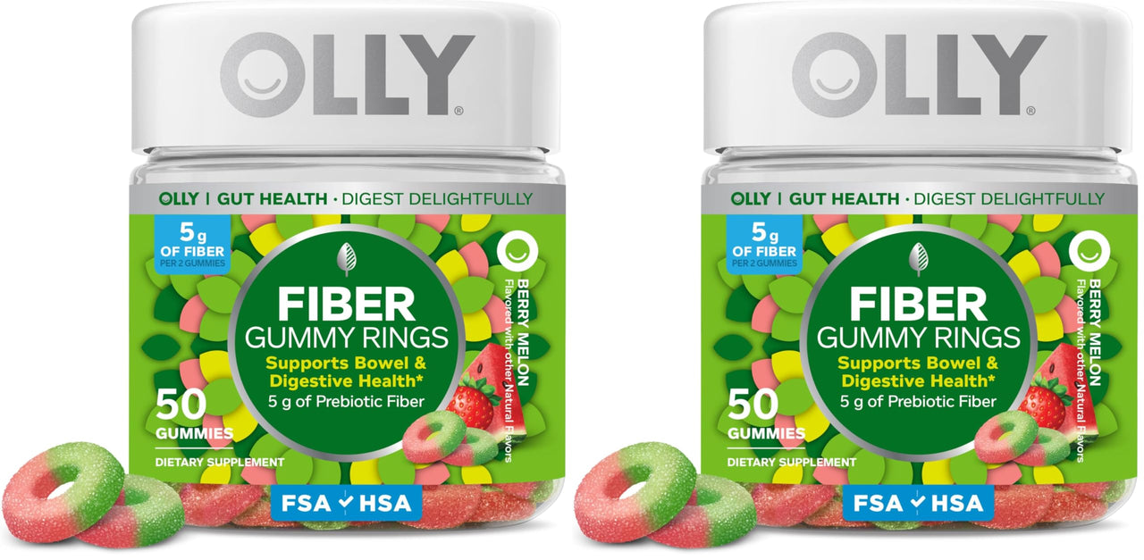 OLLY Fiber Gummy Rings, 5g Prebiotic Fiber, FOS (Fructo-oligosaccharides), Digestive Support, Berry Melon 50ct (Pack of 2)