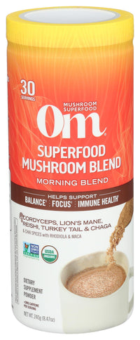 Thumbnail for OM MUSHROOM SUPERFOOD Morning Energy Blend – Caffeine-Free Powder with Cordyceps, Lion’s Mane, Rhodiola & Vitamin D2 – Supports Energy, Focus & Endurance – 8.47 oz Canister (30 Servings)