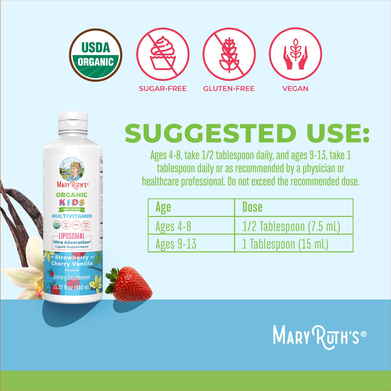 MaryRuth Organics Kids Multivitamin Liposomal | Vegan, Sugar-Free Vitamins for Kids | Ages 4+ | 2 Month Supply | 15.22 Fl Oz