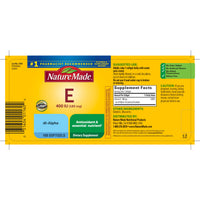 Thumbnail for Nature Made Vitamin E 180 mg (400 IU) dl-Alpha, Dietary Supplement for Antioxidant and Skin Support, 100 Softgels, 100 Day Supply