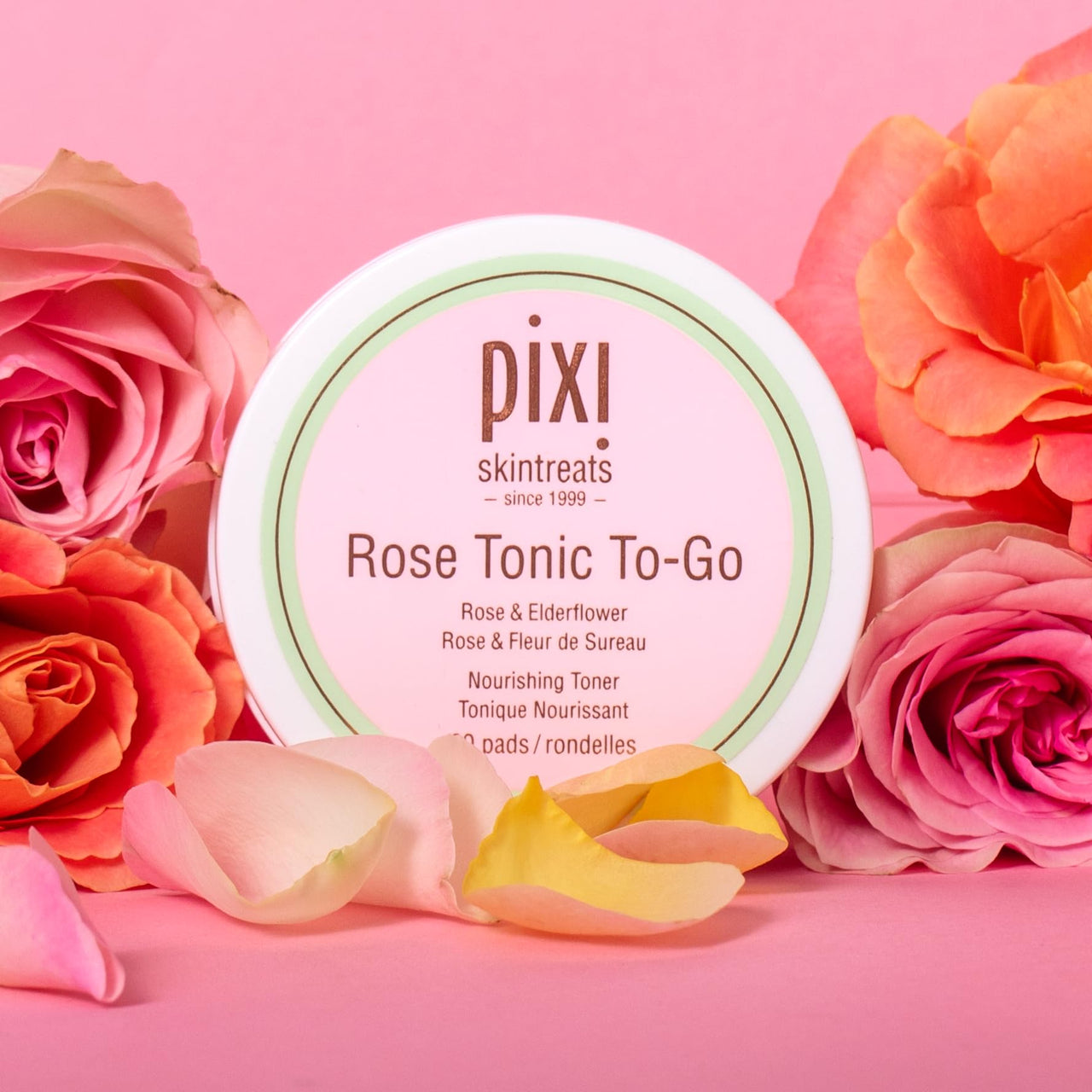 Pixi Rose Tonic to-Go, Nourishing Rose Flower Water, Toning & Moisturizing, Alcohol-Free Daily Hydrating Toner Pads On The Go, 60 Pads