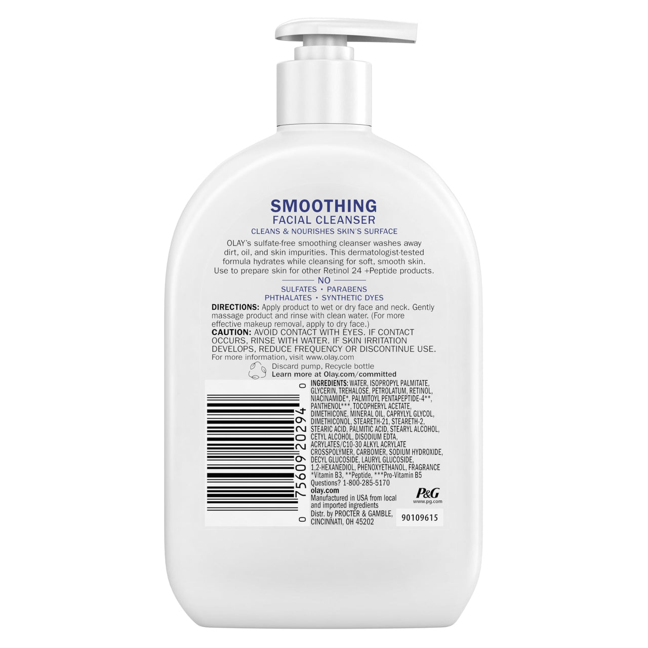 Olay Face Wash Daily Facial Cleanser with Retinol, Peptides and Glycerin, Smoothing and Hydrating Anti Aging Face Wash, Sulfate Free Cream Cleanser for Mature Skin, Daily Use, 16 Oz