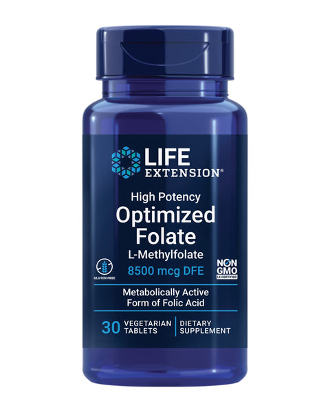 Life Extension High Potency Optimized Folate – L-methylfolate – Folic Acid, 8500 mcg DFE – Heart & Brain Support, Healthy Homocysteine Levels – Gluten-Free, Non-GMO, Vegetarian – 30 Tablets