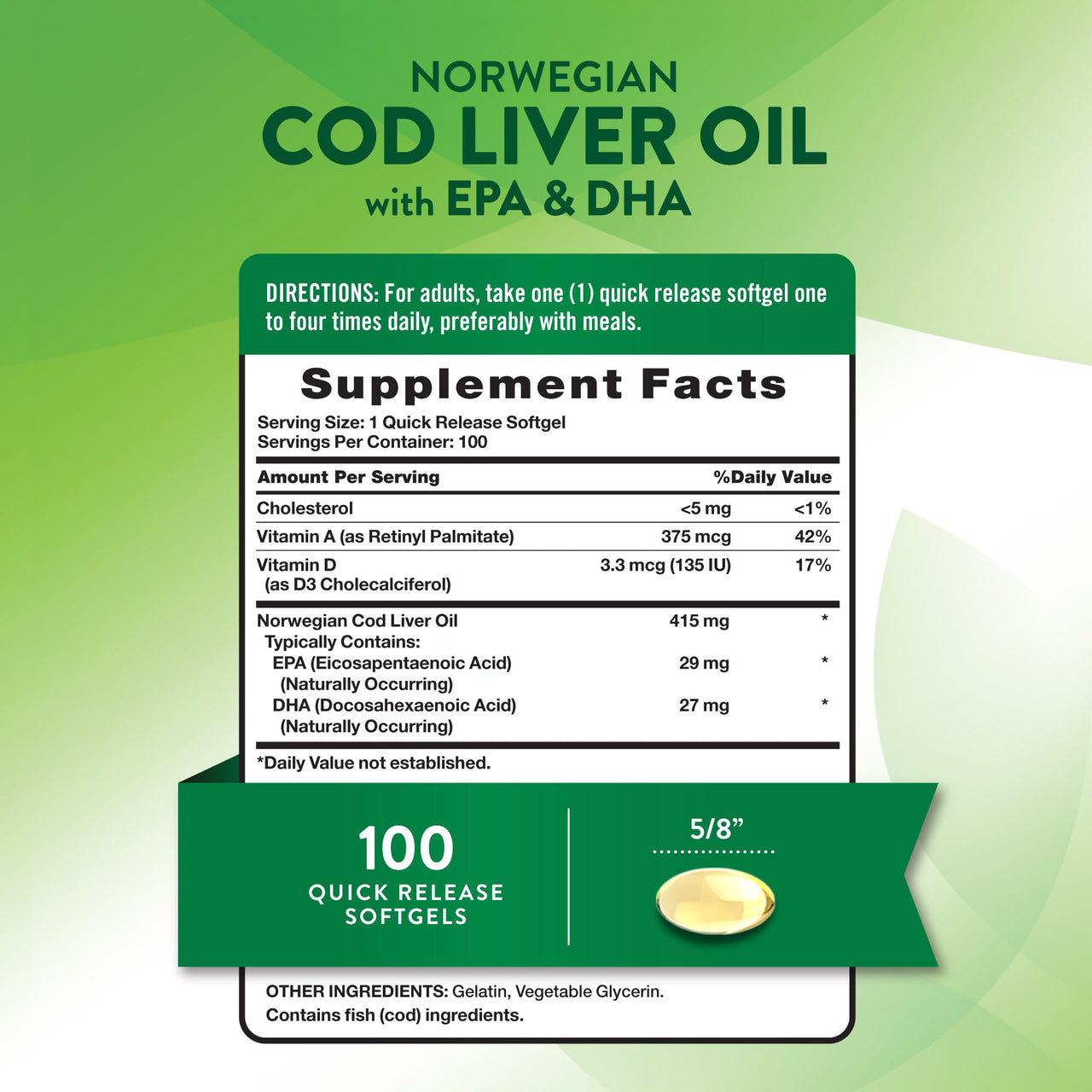 Nature's Truth Norwegian Cod Liver Oil | 100 Softgels | with EPA & DHA | Non-GMO & Gluten Free Supplement