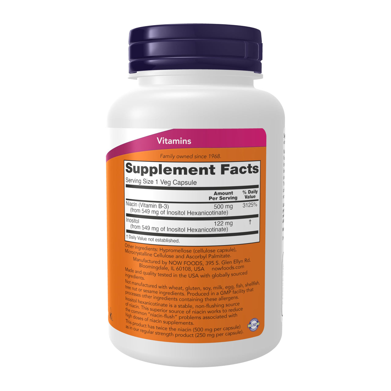NOW Foods Supplements, Niacin (Vitamin B-3) 500 mg, Flush-Free, Double Strength, Nutritional Health, 90 Veg Capsules