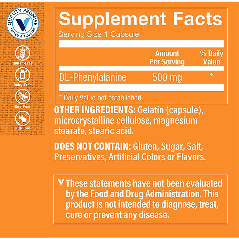 The Vitamin Shoppe DL-Phenylalanine 500MG, Amino Acid That Supports Mood & Relaxation (100 Capsules)